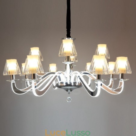 Lampadario moderno contemporaneo dimmerabile a 12 luci in acciaio con paralume in vetro Lampadario moderno contemporaneo dimmerabile a 12 luci in acciaio con paralume in vetro