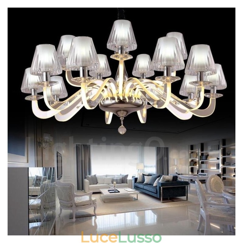 Lampadario moderno contemporaneo dimmerabile in acciaio da 15 luci con paralume in vetro