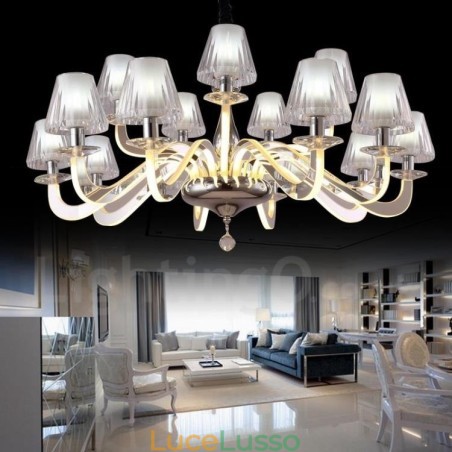 Lampadario moderno contemporaneo dimmerabile in acciaio da 15 luci con paralume in vetro Lampadario moderno contemporaneo dimmerabile in acciaio da 15 luci con paralume in vetro