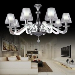 Lampadario moderno contemporaneo dimmerabile a 6 luci in acciaio con paralume in vetro