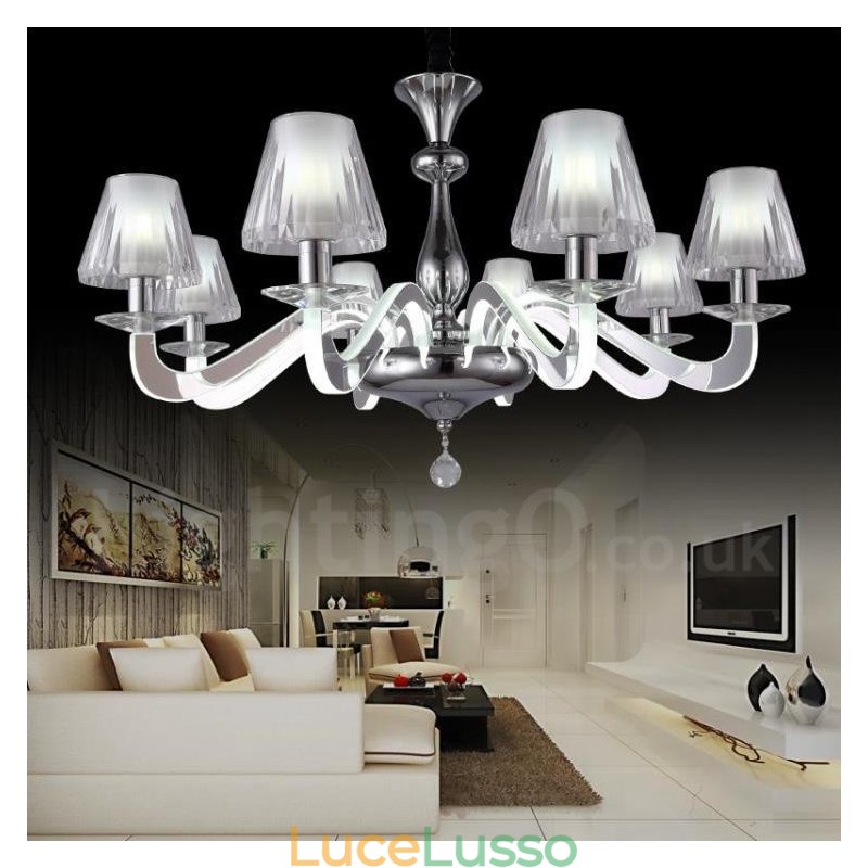 Lampadario moderno contemporaneo dimmerabile a 6 luci in acciaio con paralume in vetro