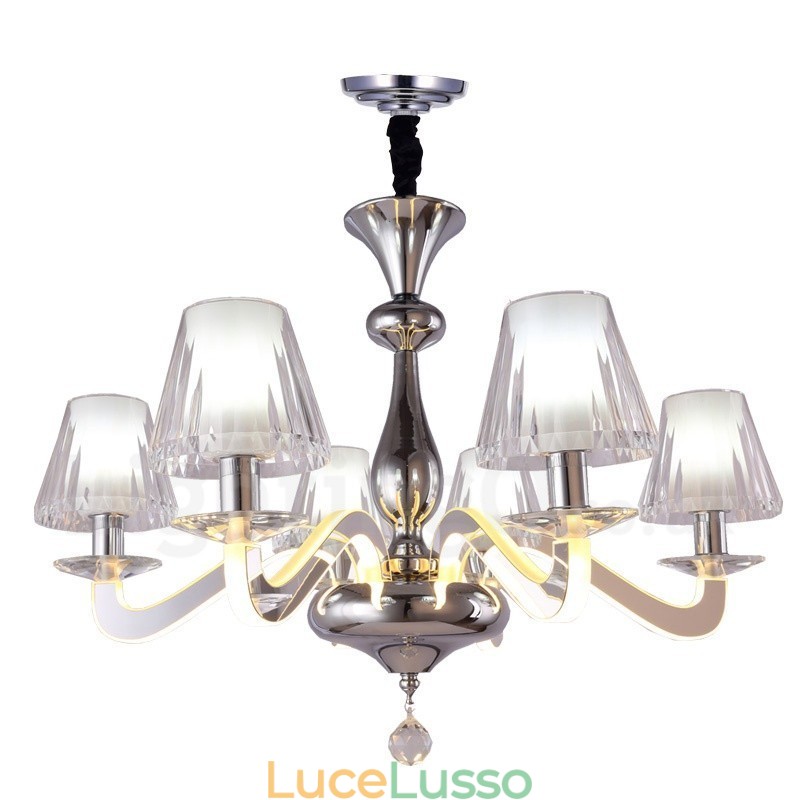 Lampadario moderno contemporaneo dimmerabile a 6 luci in acciaio con paralume in vetro