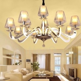 Lampadario moderno contemporaneo dimmerabile in acciaio a 10 luci con paralume in vetro