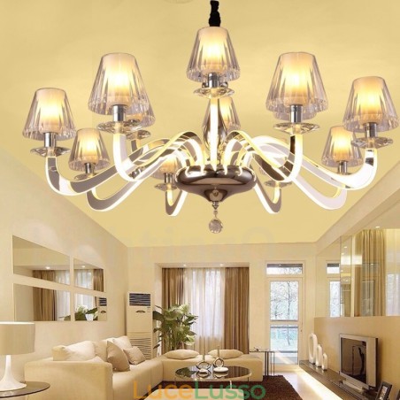 Lampadario moderno contemporaneo dimmerabile in acciaio a 10 luci con paralume in vetro Lampadario moderno contemporaneo dimmerabile in acciaio a 10 luci con paralume in vetro
