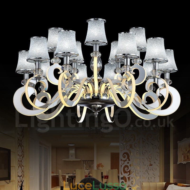 Lampadario moderno contemporaneo dimmerabile in acciaio da 15 luci con paralume in vetro