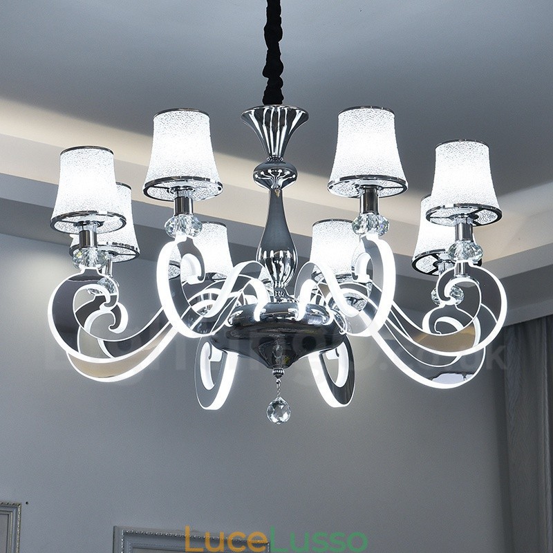 Lampadario moderno contemporaneo dimmerabile a 8 luci in acciaio con paralume in vetro