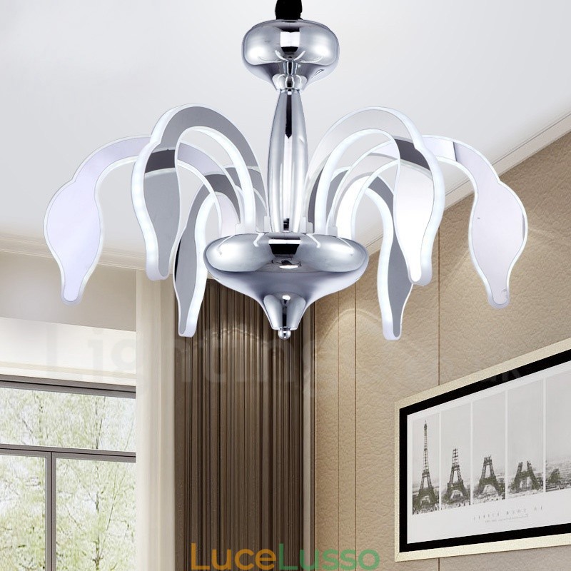 Lampadario moderno contemporaneo dimmerabile a 6 luci in acciaio con paralume in acrilico