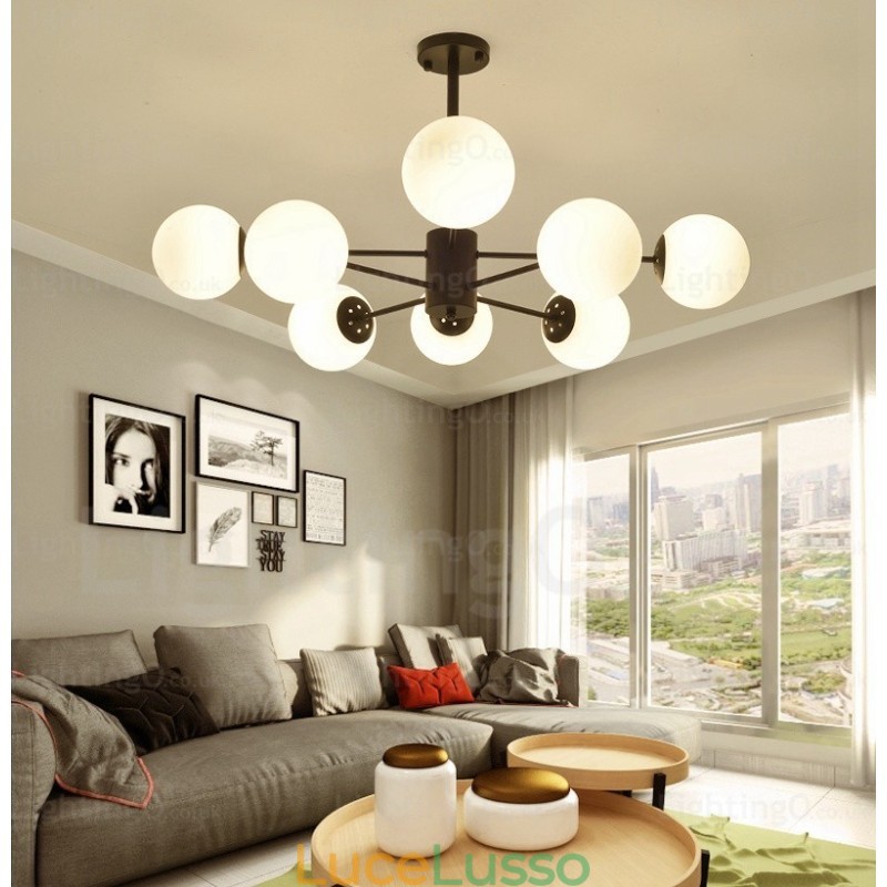 Lampadario moderno contemporaneo a 8 luci con paralume in vetro