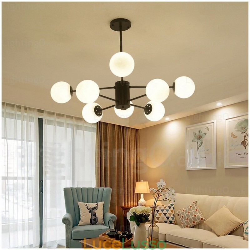 Lampadario moderno contemporaneo a 8 luci con paralume in vetro
