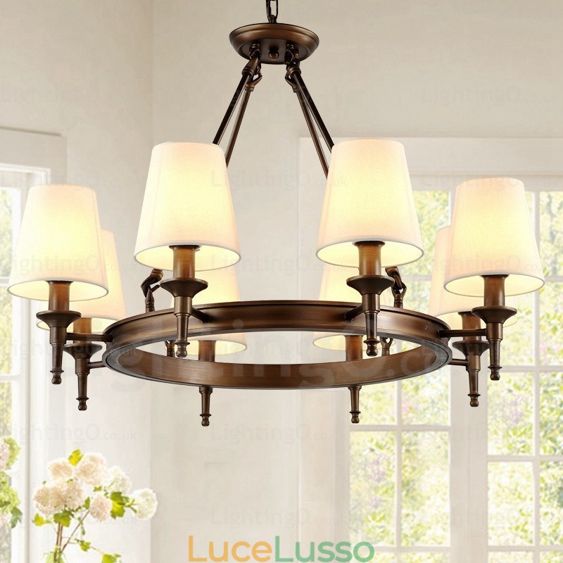 Lampada a sospensione rustica in stile nordico a 8 luci con paralume in tessuto