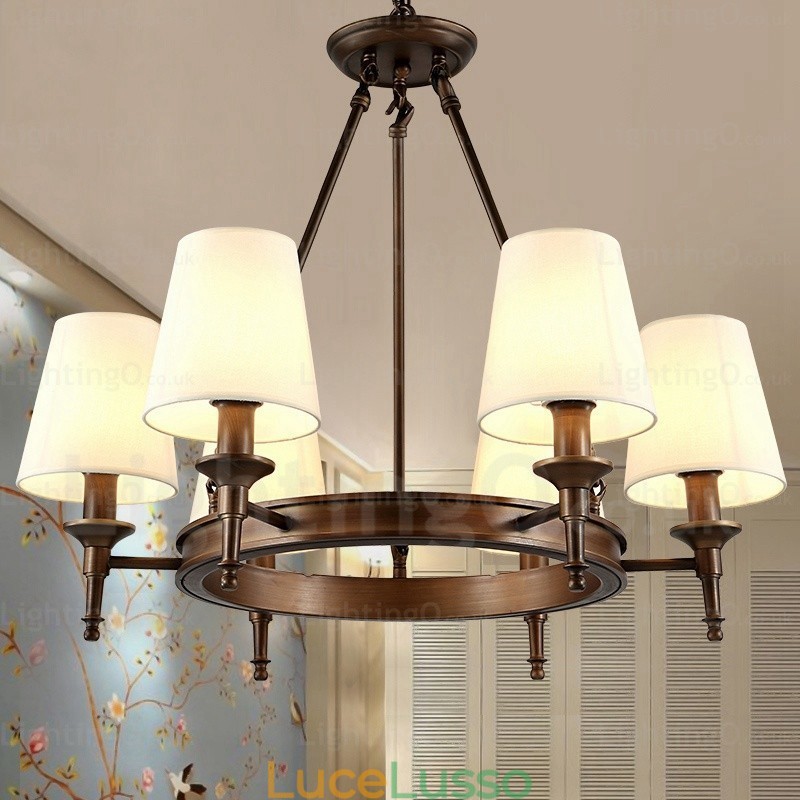 Lampada a sospensione rustica in stile nordico a 6 luci con paralume in tessuto