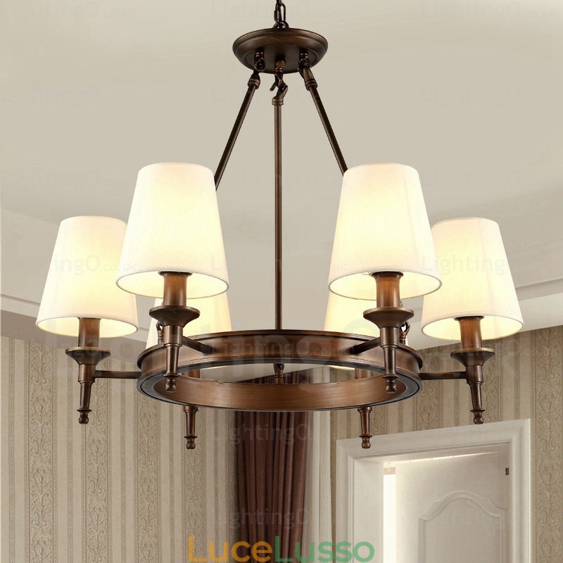 Lampada a sospensione rustica in stile nordico a 6 luci con paralume in tessuto