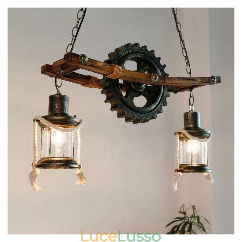 Lampada a sospensione retrò vintage rustico country a 2 luci con paralume in vetro