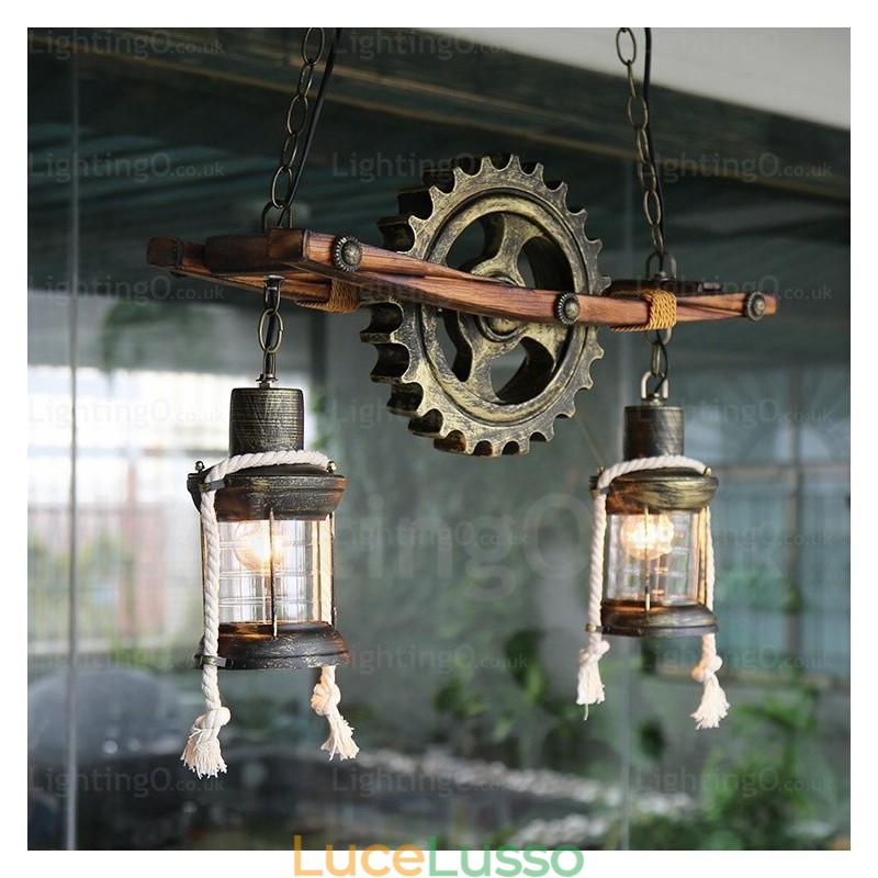 Lampada a sospensione retrò vintage rustico country a 2 luci con paralume in vetro