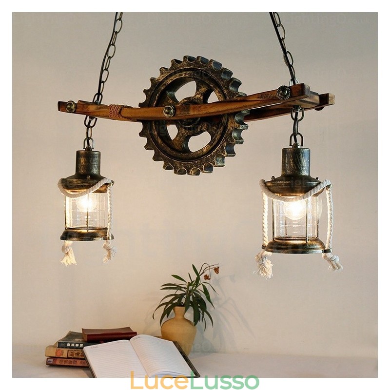 Lampada a sospensione retrò vintage rustico country a 2 luci con paralume in vetro