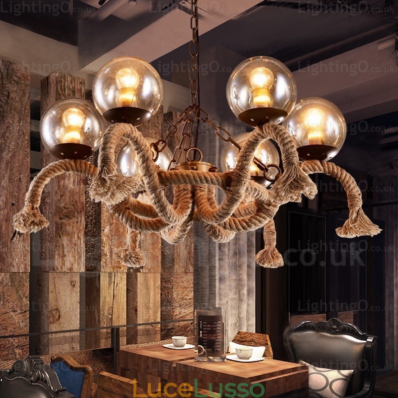 Lampada a sospensione retrò vintage a 6 luci con paralume in vetro