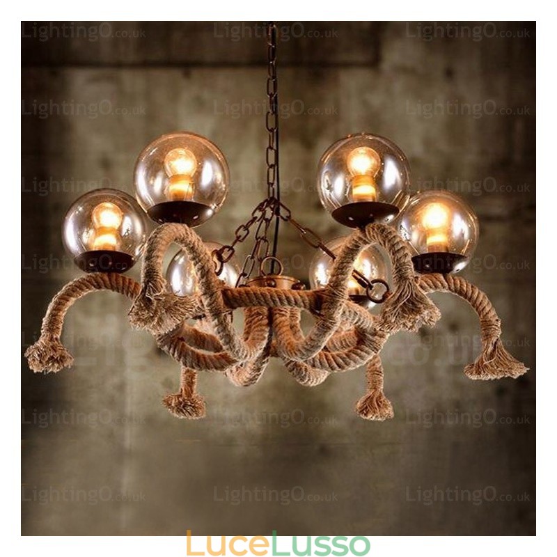 Lampada a sospensione retrò vintage a 6 luci con paralume in vetro