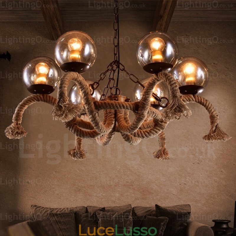 Lampada a sospensione retrò vintage a 6 luci con paralume in vetro