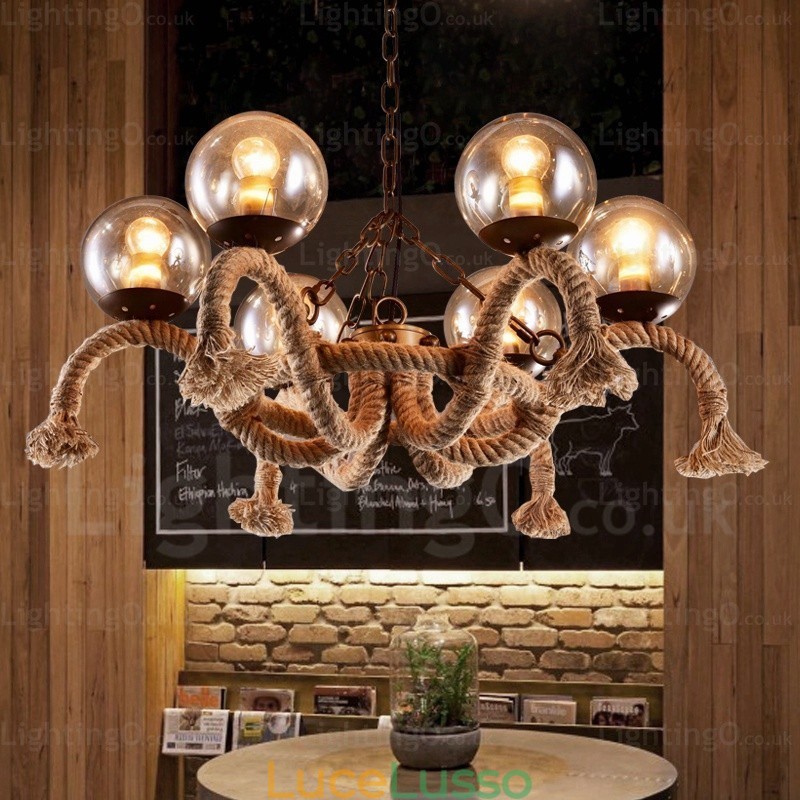 Lampada a sospensione retrò vintage a 6 luci con paralume in vetro