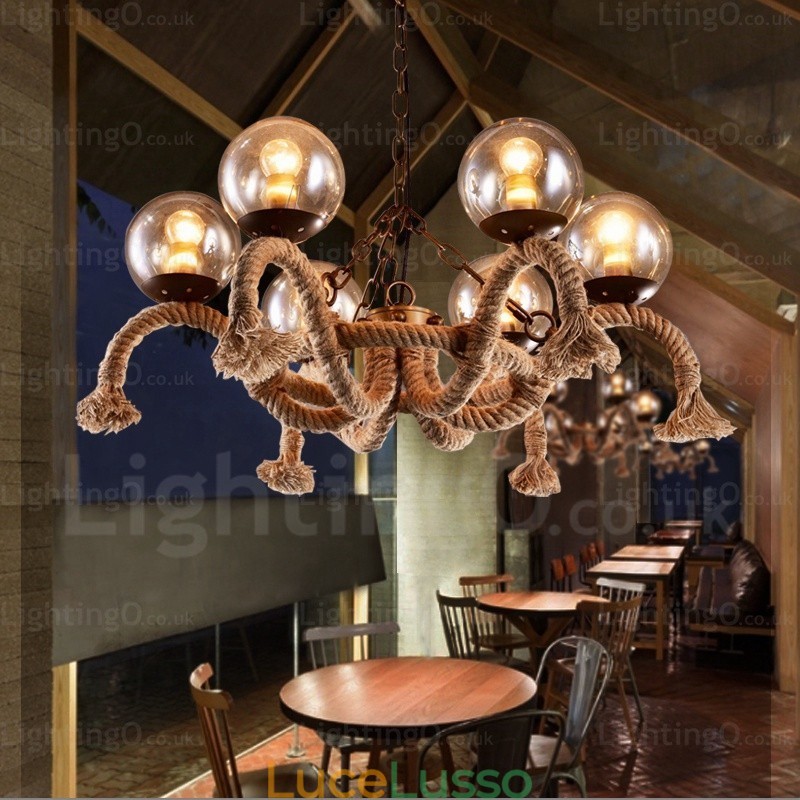 Lampada a sospensione retrò vintage a 6 luci con paralume in vetro