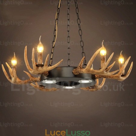 Lampadario a sospensione rustico retrò vintage a 9 luci con corna di cervo Lampadario a sospensione rustico retrò vintage a 9 luci con corna di cervo