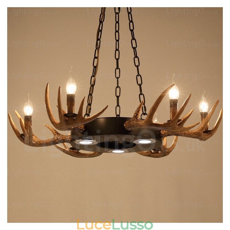 Lampadario a sospensione rustico retrò vintage a 9 luci con corna di cervo