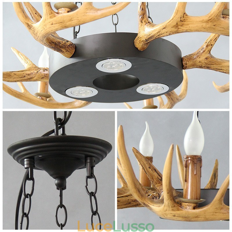 Lampadario a sospensione rustico retrò vintage a 9 luci con corna di cervo