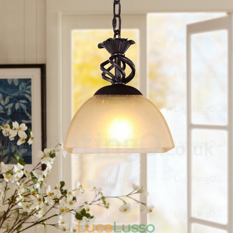 Lampada a sospensione rustica da 1 luce con paralume in vetro