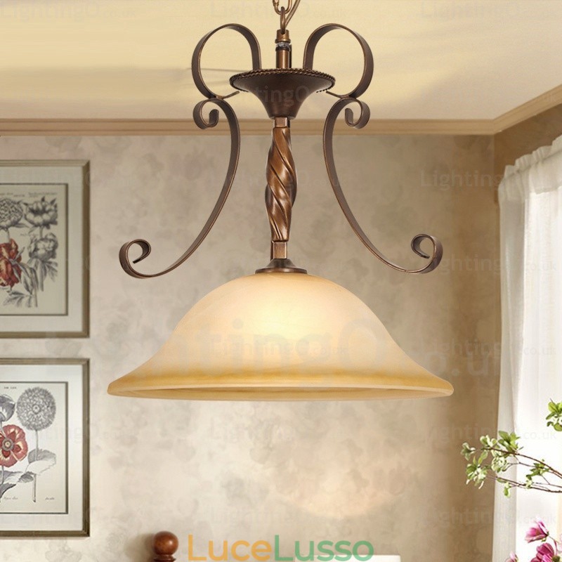Lampada a sospensione rustica da 1 luce con paralume in vetro
