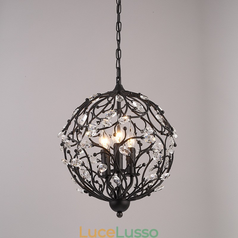Lampada a sospensione in cristallo a globo retrò vintage a 3 luci