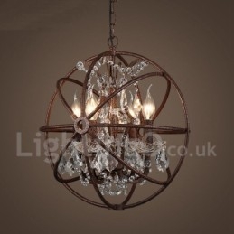 Lampadario a sospensione in metallo dipinto a globo di cristallo vintage da 4 luci, diametro 40 cm, colore ruggine