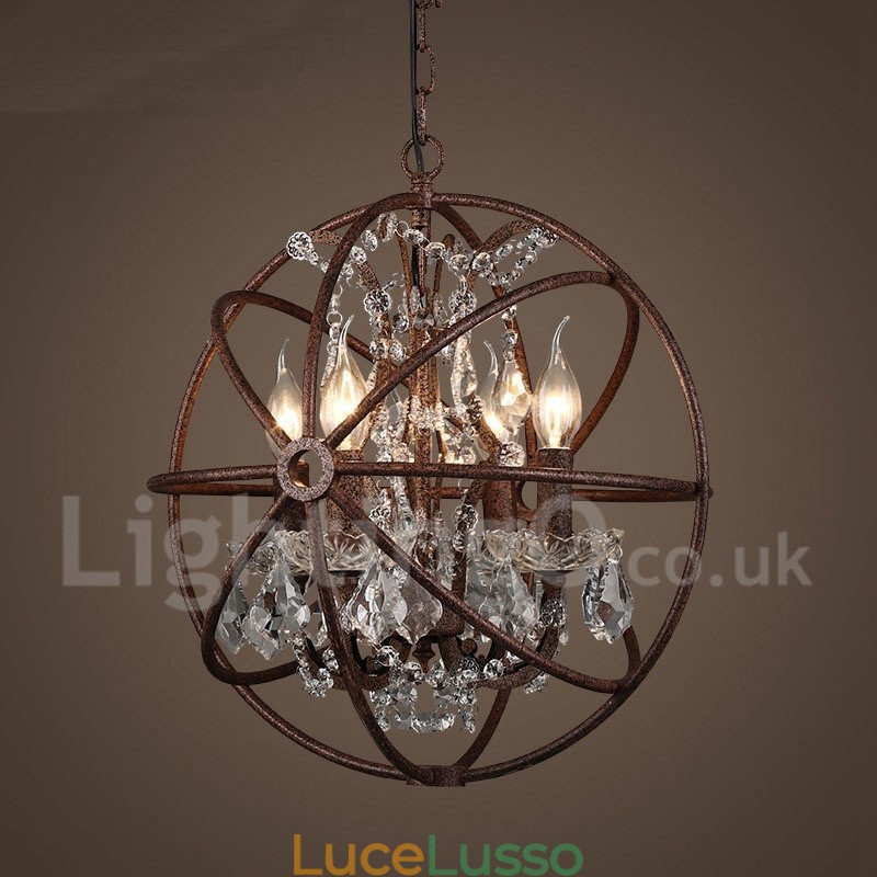 Lampadario a sospensione in metallo dipinto a globo di cristallo vintage da 4 luci, diametro 40 cm, colore ruggine