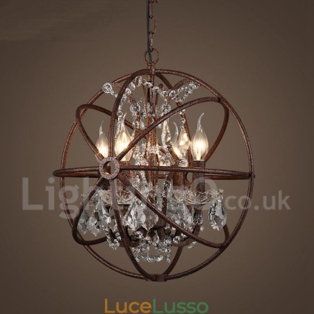 Lampadario a sospensione in metallo dipinto a globo di cristallo vintage da 4 luci, diametro 40 cm, colore ruggine Lampadario a sospensione in metallo dipinto a globo di cristallo vintage da 4 luci, diametro 40 cm, colore ruggine