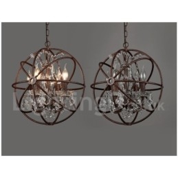 Lampadario a sospensione in metallo dipinto a globo di cristallo vintage da 4 luci, diametro 40 cm, colore ruggine