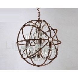 Lampadario a sospensione in metallo dipinto a globo di cristallo vintage da 4 luci, diametro 40 cm, colore ruggine