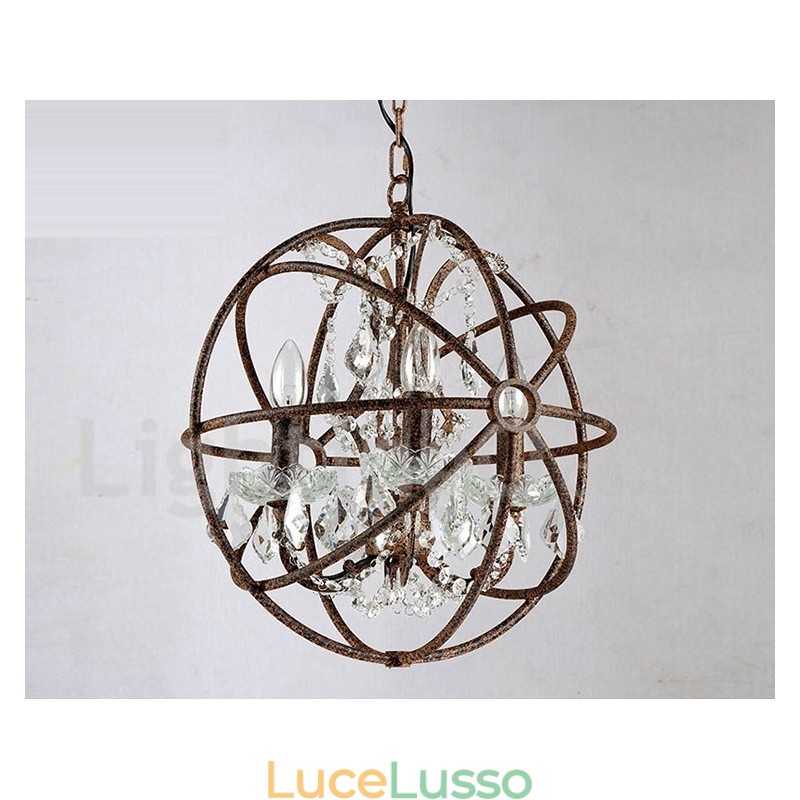 Lampadario a sospensione in metallo dipinto a globo di cristallo vintage da 4 luci, diametro 40 cm, colore ruggine