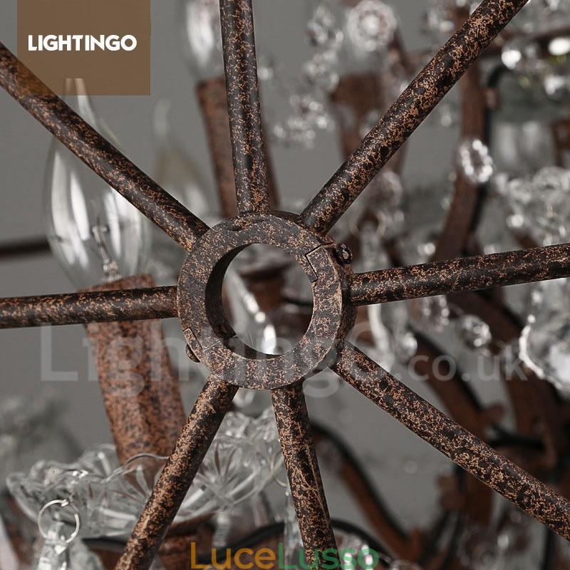 Lampadario a sospensione in metallo dipinto a globo di cristallo vintage da 4 luci, diametro 40 cm, colore ruggine