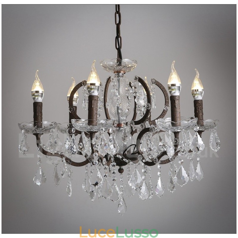 Lampadario in metallo dipinto in cristallo vintage con 6 luci, diametro 60 cm, colore ferro arrugginito