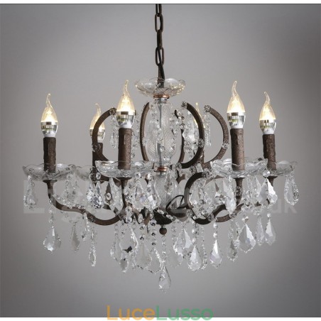 Lampadario in metallo dipinto in cristallo vintage con 6 luci, diametro 60 cm, colore ferro arrugginito Lampadario in metallo dipinto in cristallo vintage con 6 luci, diametro 60 cm, colore ferro arrugginito