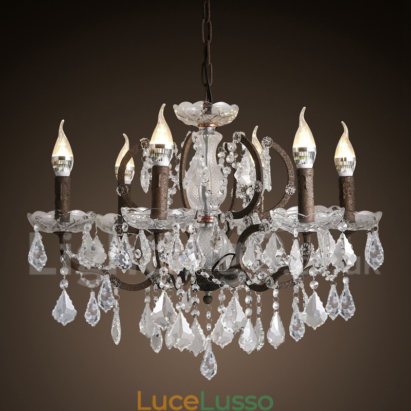 Lampadario in metallo dipinto in cristallo vintage con 6 luci, diametro 60 cm, colore ferro arrugginito