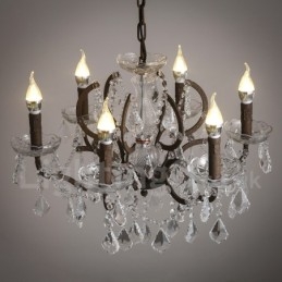 Lampadario in metallo dipinto in cristallo vintage con 6 luci, diametro 60 cm, colore ferro arrugginito