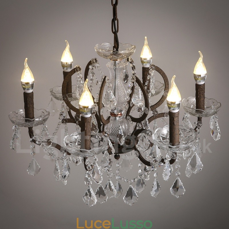 Lampadario in metallo dipinto in cristallo vintage con 6 luci, diametro 60 cm, colore ferro arrugginito