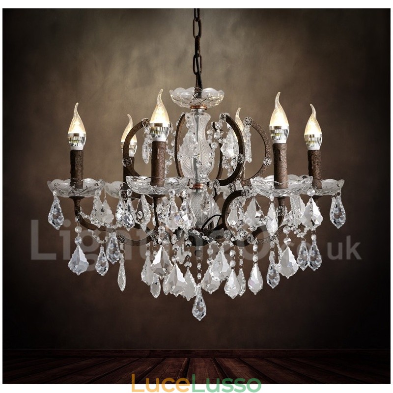 Lampadario in metallo dipinto in cristallo vintage con 6 luci, diametro 60 cm, colore ferro arrugginito