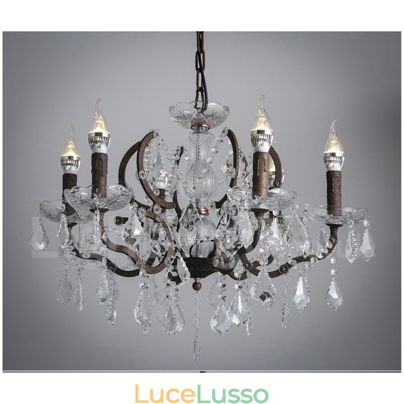 Lampadario in metallo dipinto in cristallo vintage con 6 luci, diametro 60 cm, colore ferro arrugginito