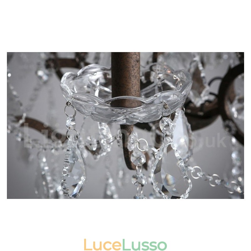 Lampadario in metallo dipinto in cristallo vintage con 6 luci, diametro 60 cm, colore ferro arrugginito