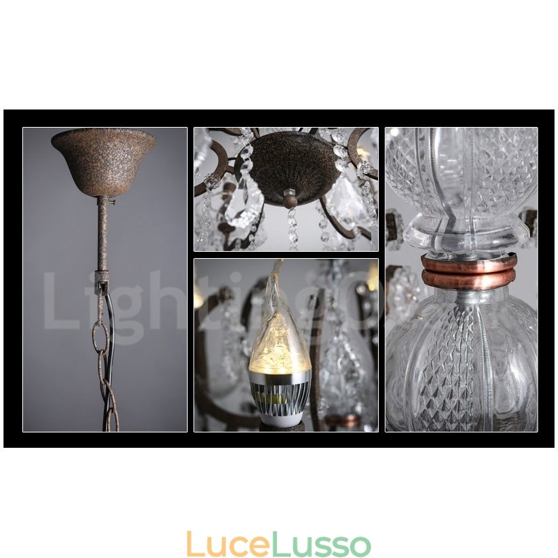 Lampadario in metallo dipinto in cristallo vintage con 6 luci, diametro 60 cm, colore ferro arrugginito