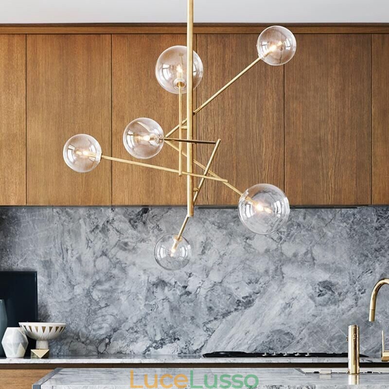 Lampadario nordico a 6 luci, semplice, creativo, retrò, in ferro, con palla di vetro, lampadario magico a forma di fagiolo