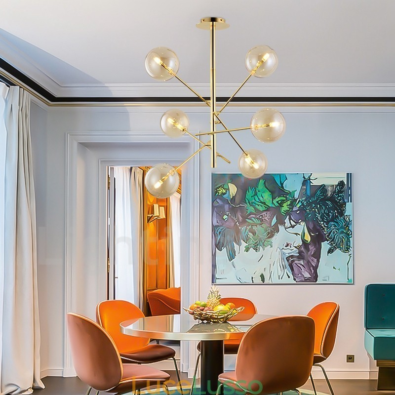 Lampadario nordico a 6 luci, semplice, creativo, retrò, in ferro, con palla di vetro, lampadario magico a forma di fagiolo