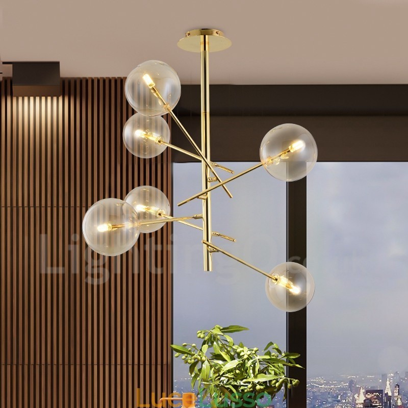 Lampadario nordico a 6 luci, semplice, creativo, retrò, in ferro, con palla di vetro, lampadario magico a forma di fagiolo