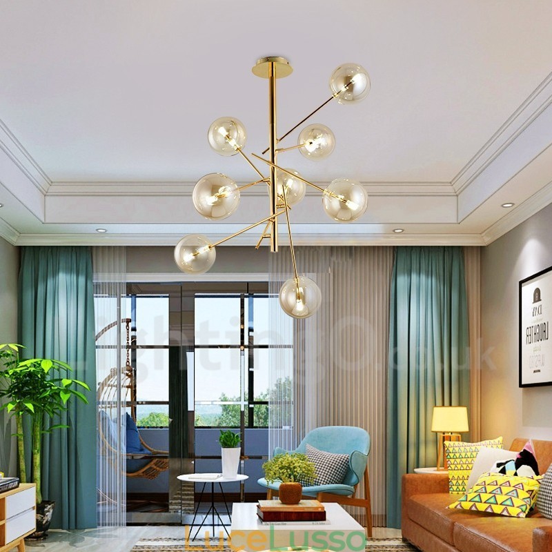Lampadario nordico a 6 luci, semplice, creativo, retrò, in ferro, con palla di vetro, lampadario magico a forma di fagiolo